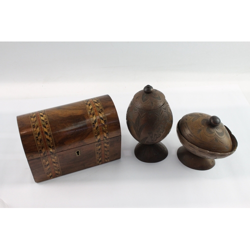 483 - Vintage Wooden Boxed - Lidded, Hand Carved, Pots