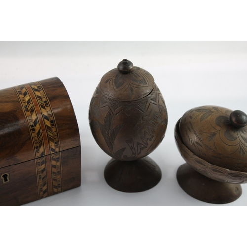 483 - Vintage Wooden Boxed - Lidded, Hand Carved, Pots