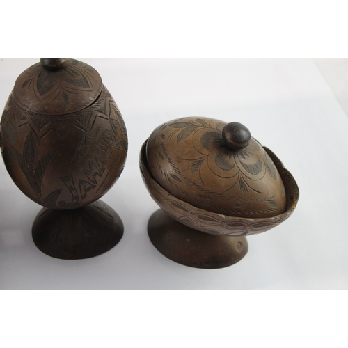 483 - Vintage Wooden Boxed - Lidded, Hand Carved, Pots