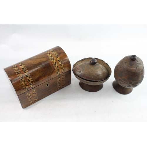 483 - Vintage Wooden Boxed - Lidded, Hand Carved, Pots