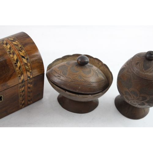 483 - Vintage Wooden Boxed - Lidded, Hand Carved, Pots