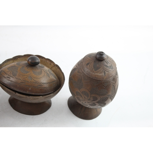 483 - Vintage Wooden Boxed - Lidded, Hand Carved, Pots