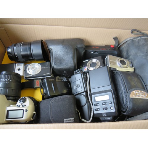 366 - Box of assorted cameras including digital compacts