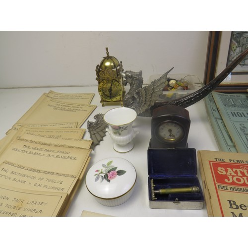 167 - Box of collectables, including clocks and antique magazines 1913-1916
