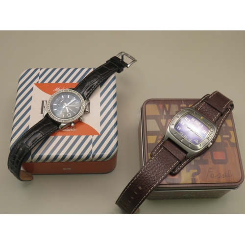 19 - Two Fossil watches with leather straps