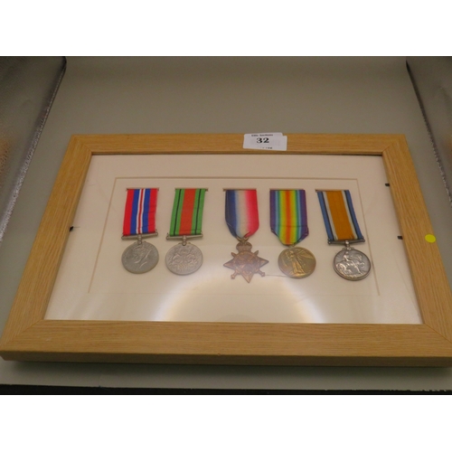 32 - Framed WWI & WWII medal set to include WWI trio awarded to 6279. Pte F.W. Mack. K. O. Sco. Bord.