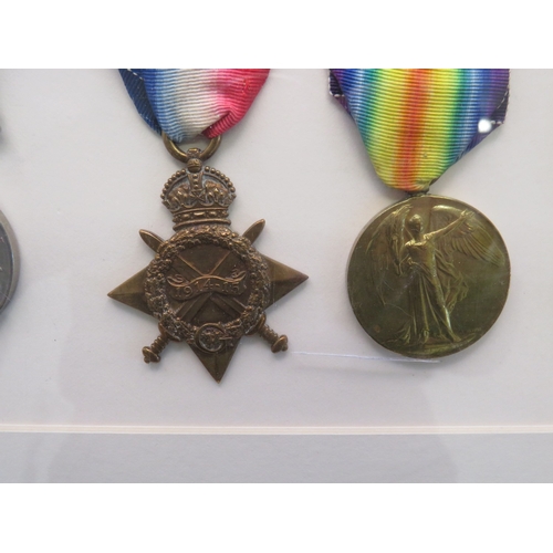 32 - Framed WWI & WWII medal set to include WWI trio awarded to 6279. Pte F.W. Mack. K. O. Sco. Bord.