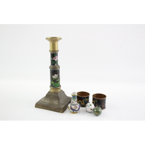 484 - Brass Cloisonné Candlestick Holder, Napkin Rings, Mini Vase Set Vintage