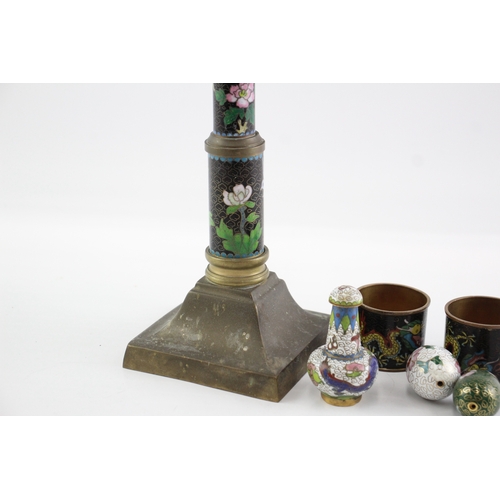 484 - Brass Cloisonné Candlestick Holder, Napkin Rings, Mini Vase Set Vintage