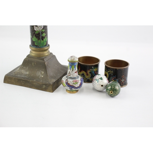 484 - Brass Cloisonné Candlestick Holder, Napkin Rings, Mini Vase Set Vintage