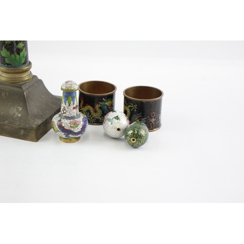 484 - Brass Cloisonné Candlestick Holder, Napkin Rings, Mini Vase Set Vintage