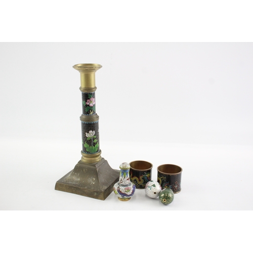 484 - Brass Cloisonné Candlestick Holder, Napkin Rings, Mini Vase Set Vintage
