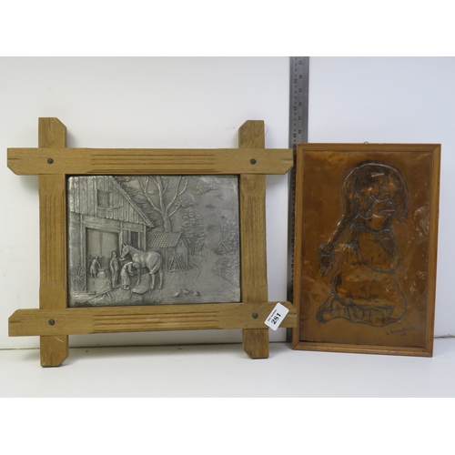 281 - Hand crafted German pewter (Zinn) relief panel set in a wooden frame and a copper relief framed plaq... 