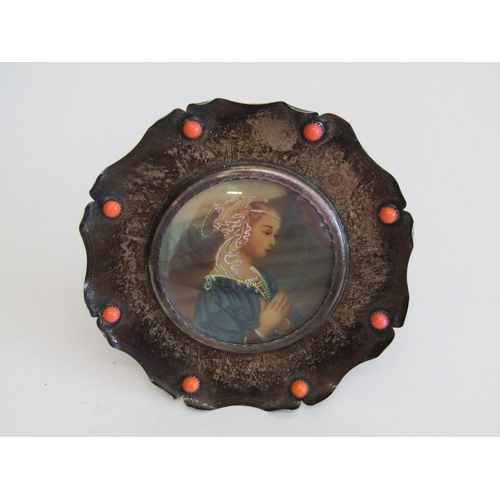 287 - Antique sterling silver framed hand painted miniature religious Madonna portrait,  36.8g.