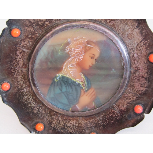 287 - Antique sterling silver framed hand painted miniature religious Madonna portrait,  36.8g.