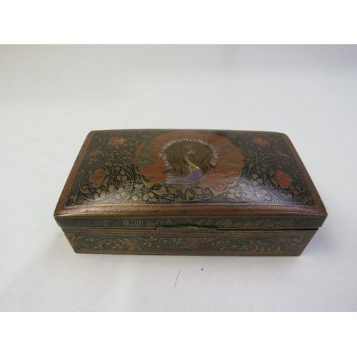 151T - Antique inlaid brass box with peacock design