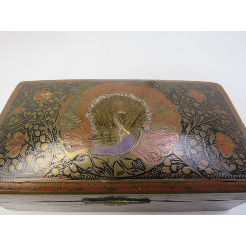 151T - Antique inlaid brass box with peacock design