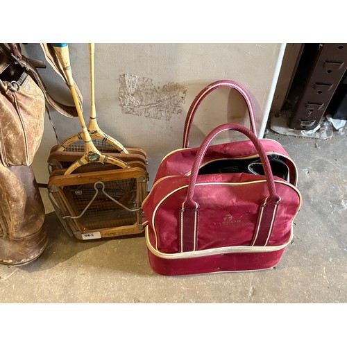 665 - Vintage/antique set of golf clubs, a set of bowls and two vintage tennis rackets