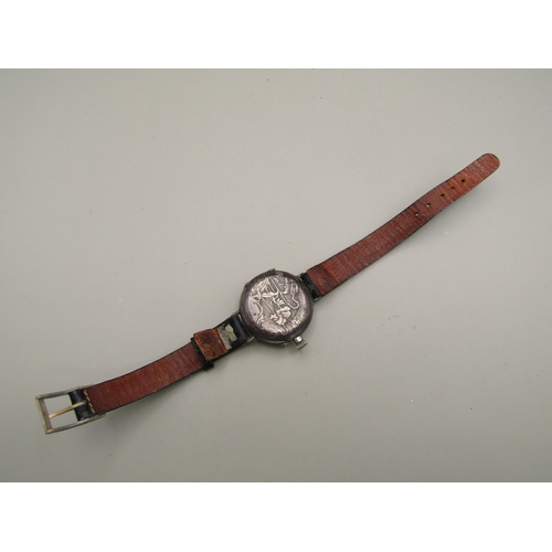 14 - Vintage ornate sterling silver watch with leather strap
