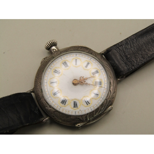 14 - Vintage ornate sterling silver watch with leather strap