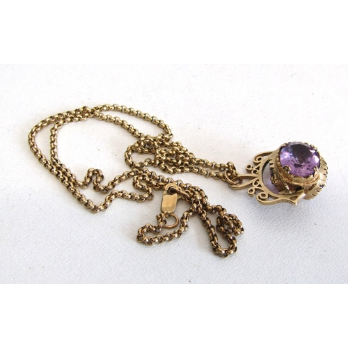 20F - Vintage 9ct gold amethyst spinner fob pendant on 9ct gold 20