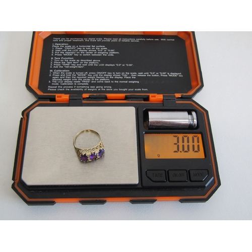 20E - Vintage 9ct gold Amethyst trilogy ring size P, weight 3g.