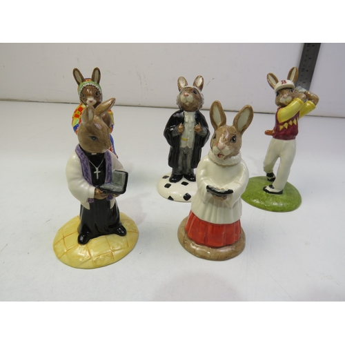 572 - Five Royal Doulton Bunnykins figures- Vicar DB254, Choir singer DB 223, Lawyer DB 214, Golfer DB255 ... 