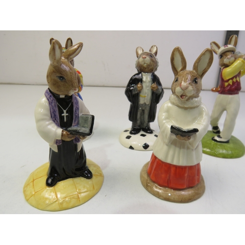 572 - Five Royal Doulton Bunnykins figures- Vicar DB254, Choir singer DB 223, Lawyer DB 214, Golfer DB255 ... 