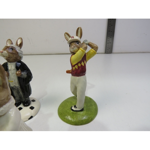 572 - Five Royal Doulton Bunnykins figures- Vicar DB254, Choir singer DB 223, Lawyer DB 214, Golfer DB255 ... 