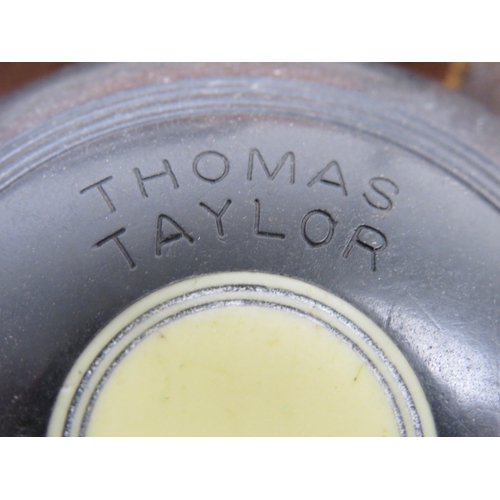 160 - Vintage Thomas Taylor bowls in a jak and mitre bag
