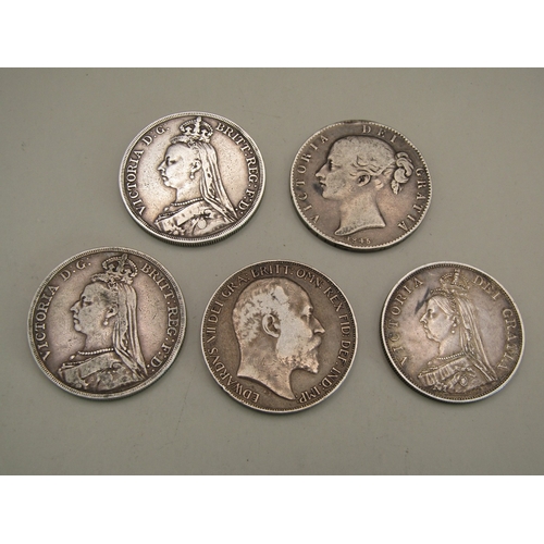 29 - Five silver coins dated 1887, 1845, 1892, 1902 and 1890, Crowns & Florin.
