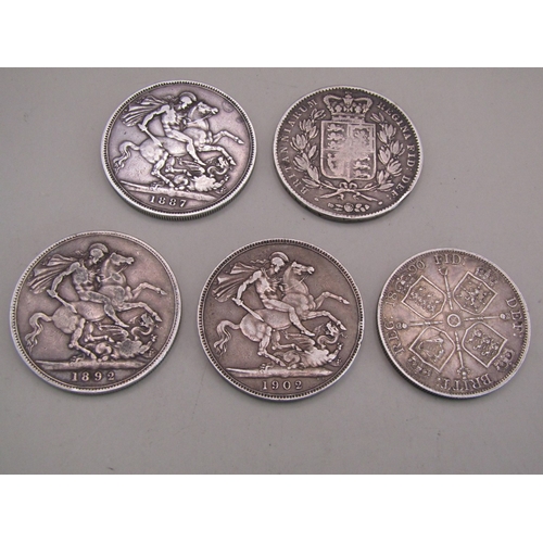 29 - Five silver coins dated 1887, 1845, 1892, 1902 and 1890, Crowns & Florin.