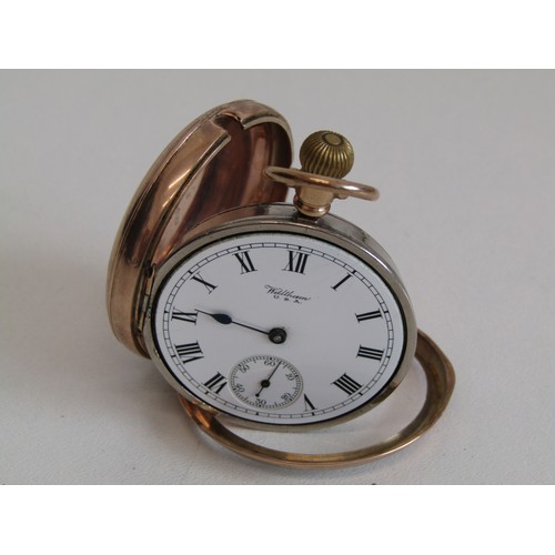 207 - Antique 9ct rose gold Waltham pocket watch, 89g (missing glass).