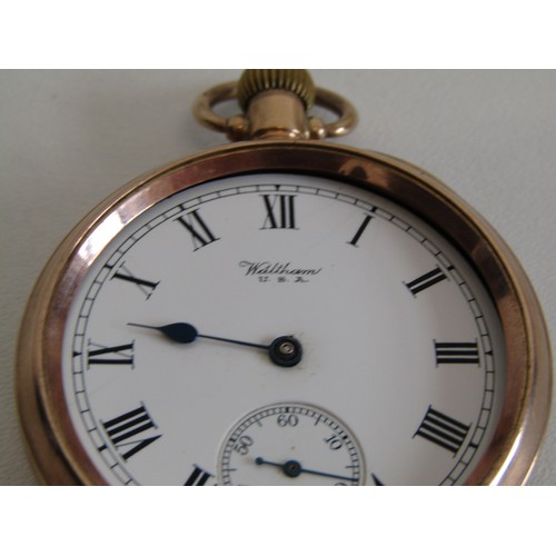 207 - Antique 9ct rose gold Waltham pocket watch, 89g (missing glass).