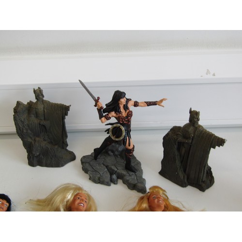 17 - Three Zena dolls and two Lord of the Rings figures