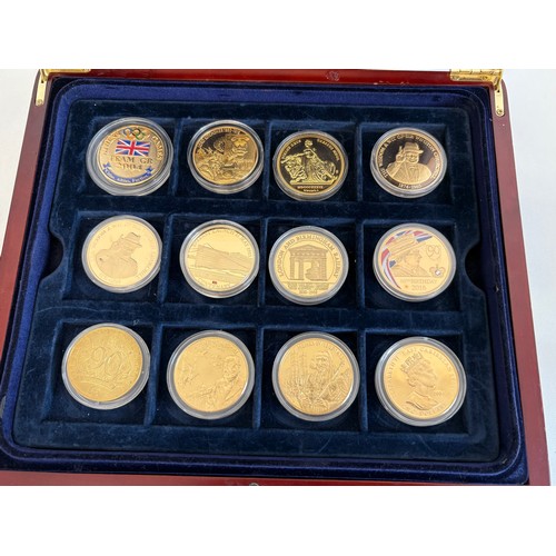 34 - Set of WW2 gold-plated commemorative coins in wooden box