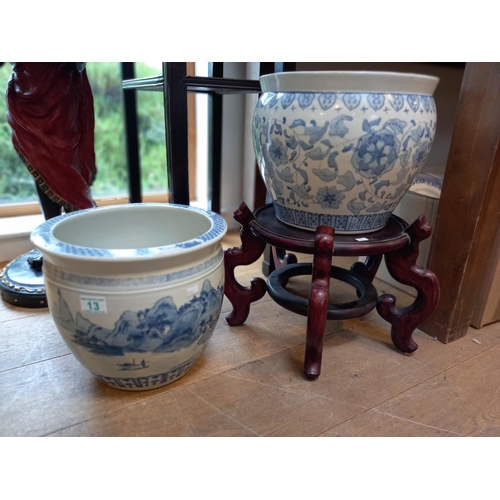 13 - 2x Oriental style planters and 1 wooden planter stand 31cm dia. approx.