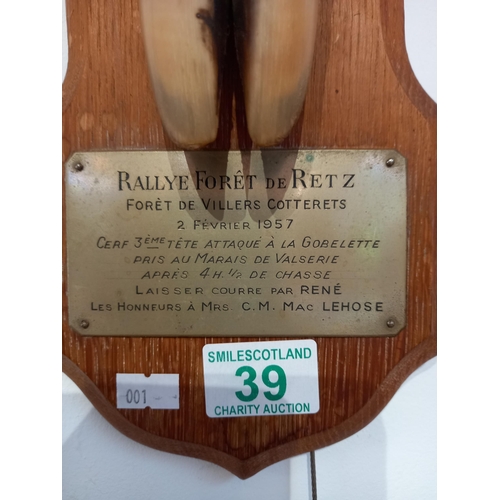 39 - 1957 taxidermy of deer hoof from France, with plaque