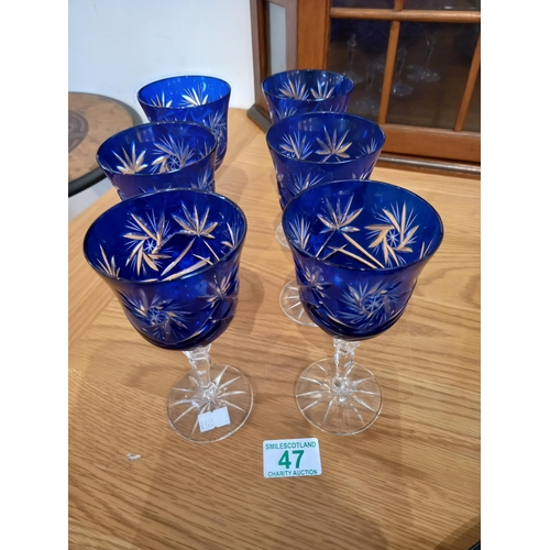 47 - 6x Blue crystal wine goblets