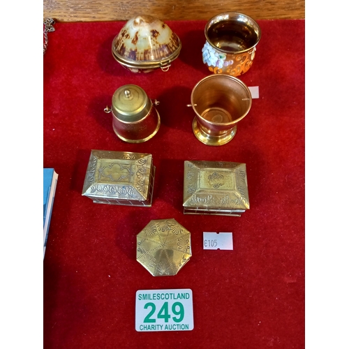 249 - Brass pill box, shell box etc.