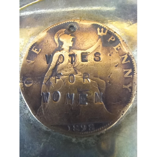 260 - White metal (believed to be silver) dish with 1898 Penny underneath stamped with Votes For Women. Th... 