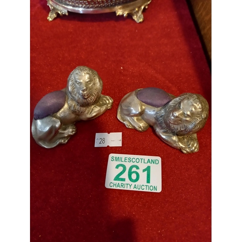 261 - 2x Lion white metal pin cushions 7cm approx.