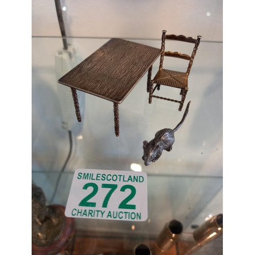 272 - Miniature white metal table, chair and rat.