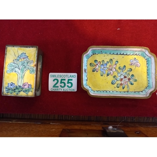 255 - Antique Chinese Canton enamel on metal floral trinket tray and matchbox cover