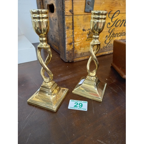 29 - Pair of Brass Small Candlesticks approx. 17cm high with Barley Twist Design