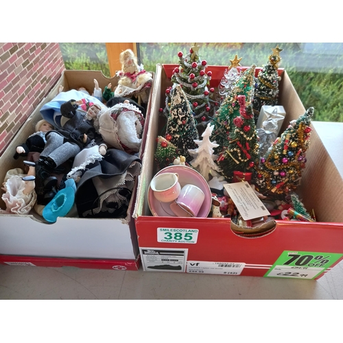 385 - 2 Boxed Lots of Dolls House Dolls & Christmas Trees etc.