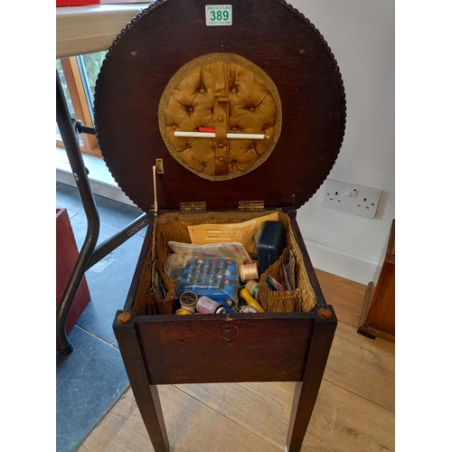 389 - Vintage round sewing table with contents