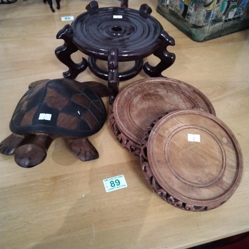 89 - 3x oriental wooden stand & 1 wooden tortoise