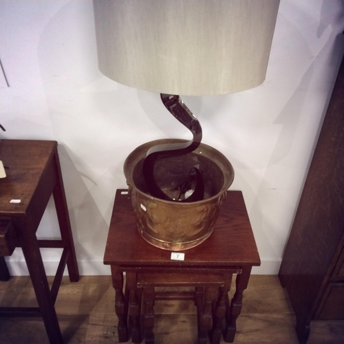 7 - Nest of tables, brass & copper planter and table lamp.