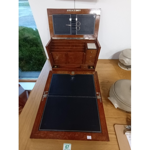 67 - Victorian Oak Travelling Writing box with Slope, brass handles, convex top ink wells, drawers etc.